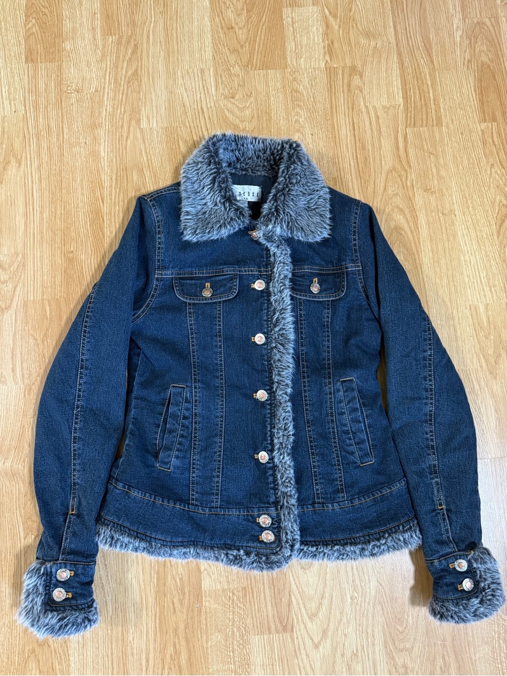 Finesse Y2K Denim Jean Jacket  Blue Button Front Faux Fur Collar Women - Size S